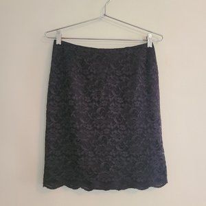 Vintage Perry Ellis Lined Black Lace Knee Length Skirt w Scalloped Hem